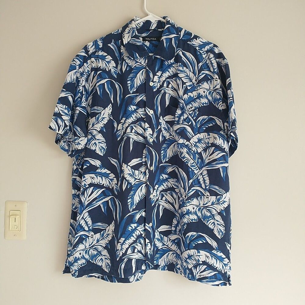 Nautica Shirt Mens L Blue Floral LinenBlend ShortSleeve Button Up Hawaiian Aloha